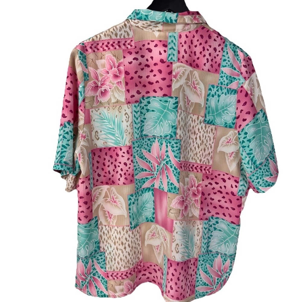 Allison Daley Button Front Blouse Women 16 Pink Tropical Patchwork Short Sleeve - Picture 6 of 10
